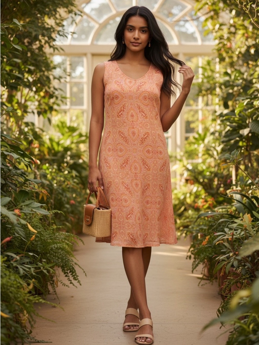 Ann Taylor Loft Sleeveless V-Neck Midi Dress in Peach Paisley Size 6